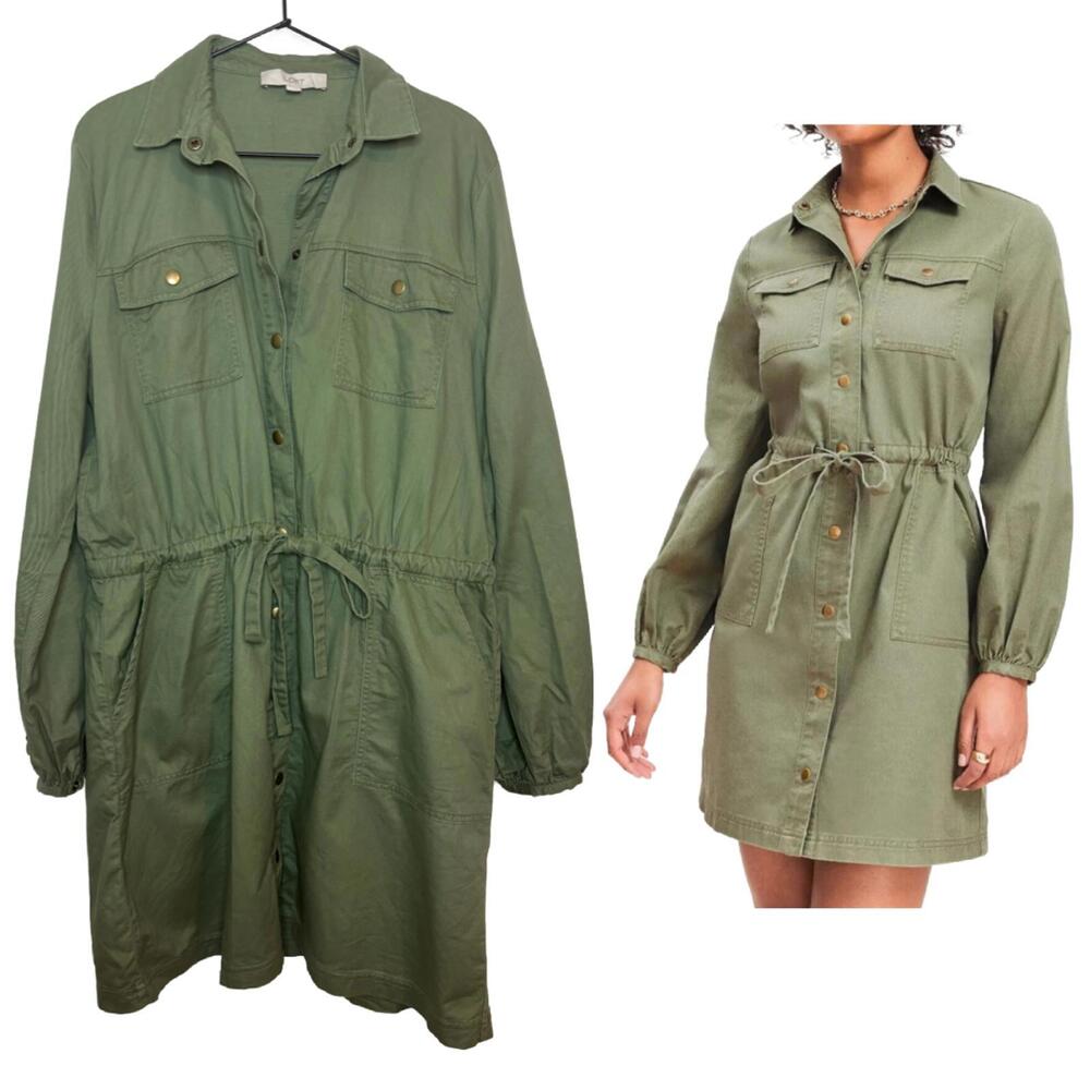 Loft Women's Sz 2XLT Olive Green Button Pocket Long Sleeve Shirt Dress (1896)